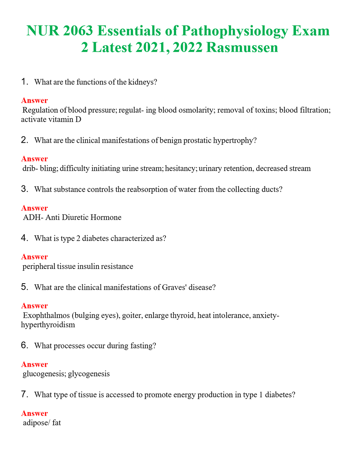 NUR 2063 ESSENTIALS OF PATHOPHYSIOLOGY EXAM 2 RASMUSSEN | COMPLETE QUESTIONS & ANSWERS (SOLVED) 100% CORRECT
