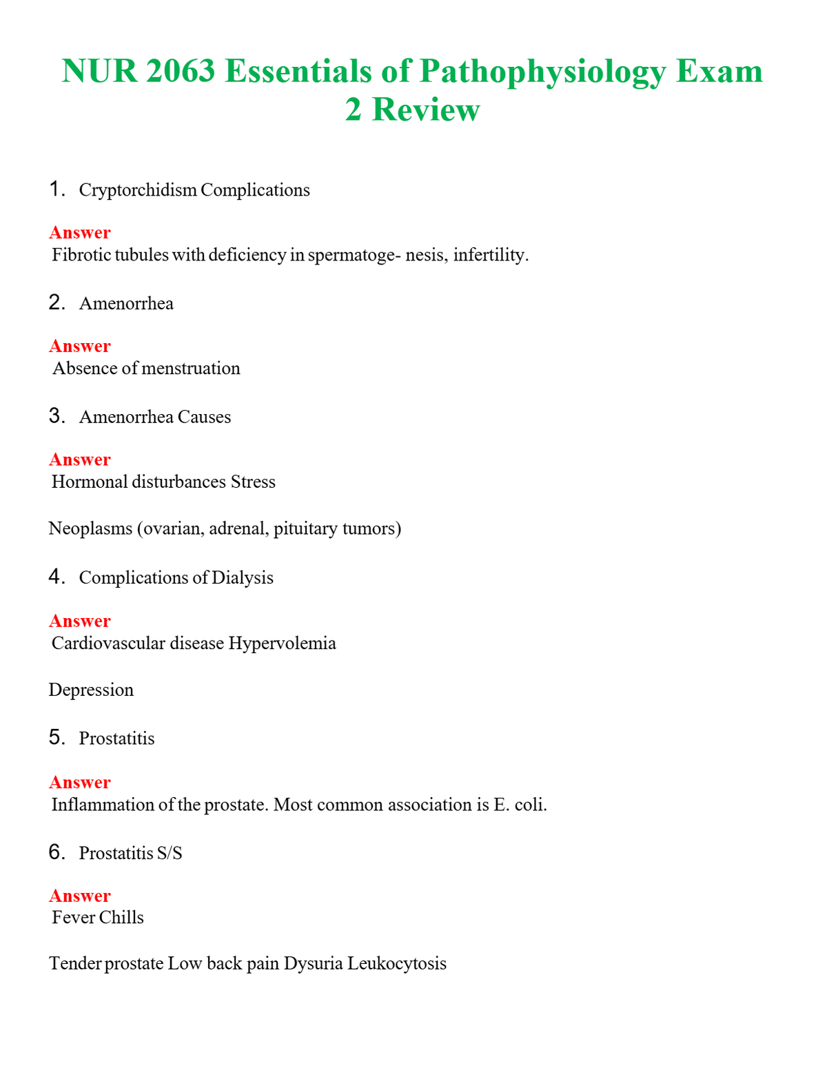 NUR 2063 ESSENTIALS OF PATHOPHYSIOLOGY EXAM 2 REVIEW | QUESTIONS AND ANSWERS INCLUDED