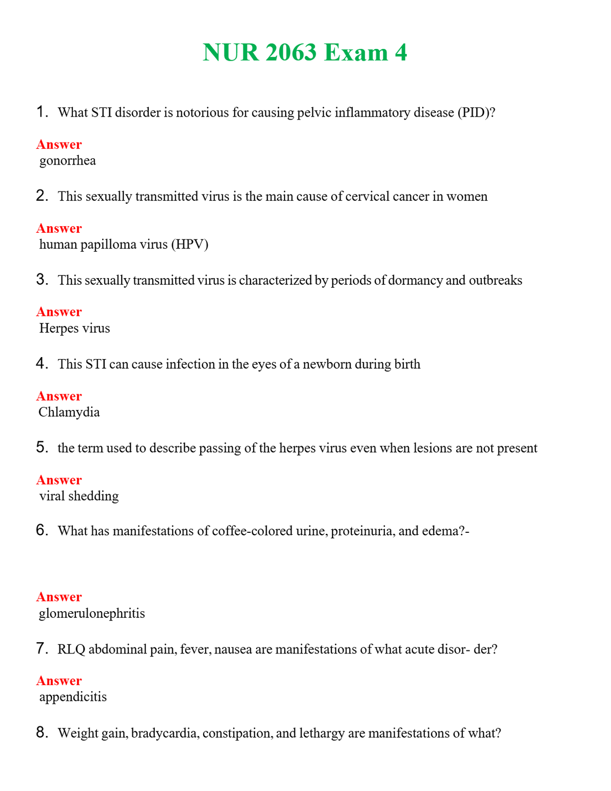 NUR 2063 EXAM 4 | QUESTIONS AND ANSWERS INCLUDED