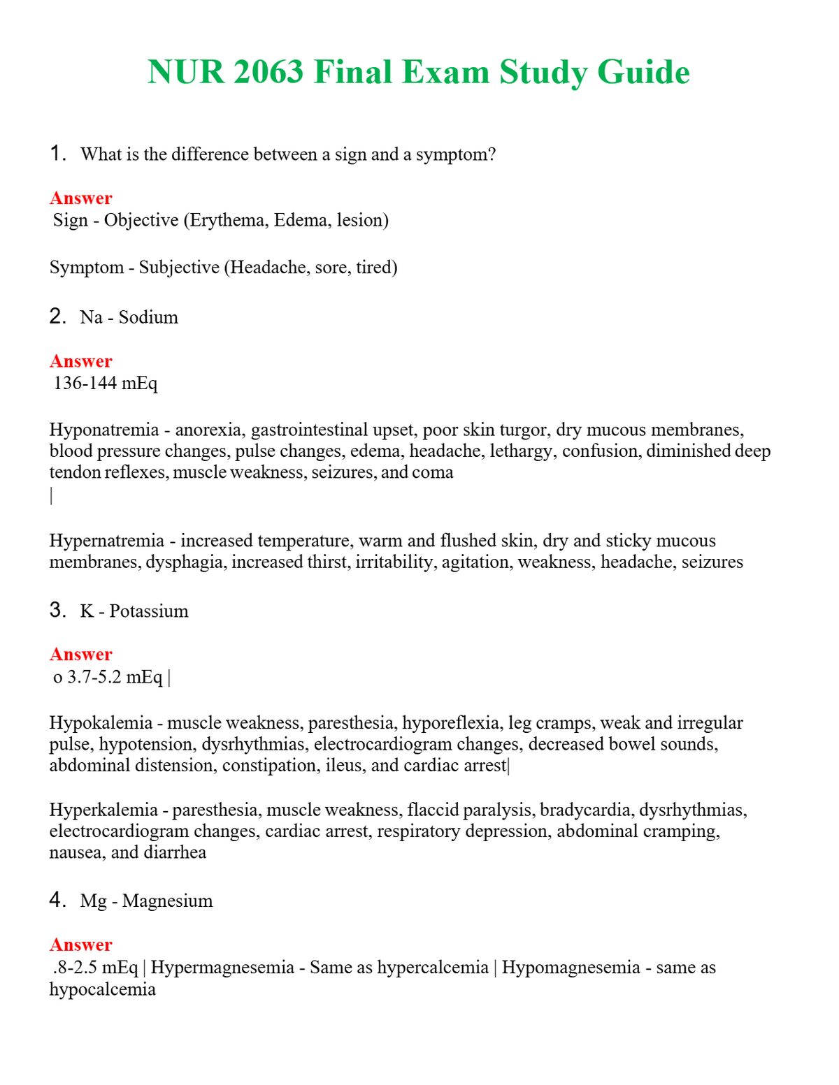 NUR 2063 FINAL EXAM STUDY GUIDE | QUESTIONS AND ANSWERS INCLUDED