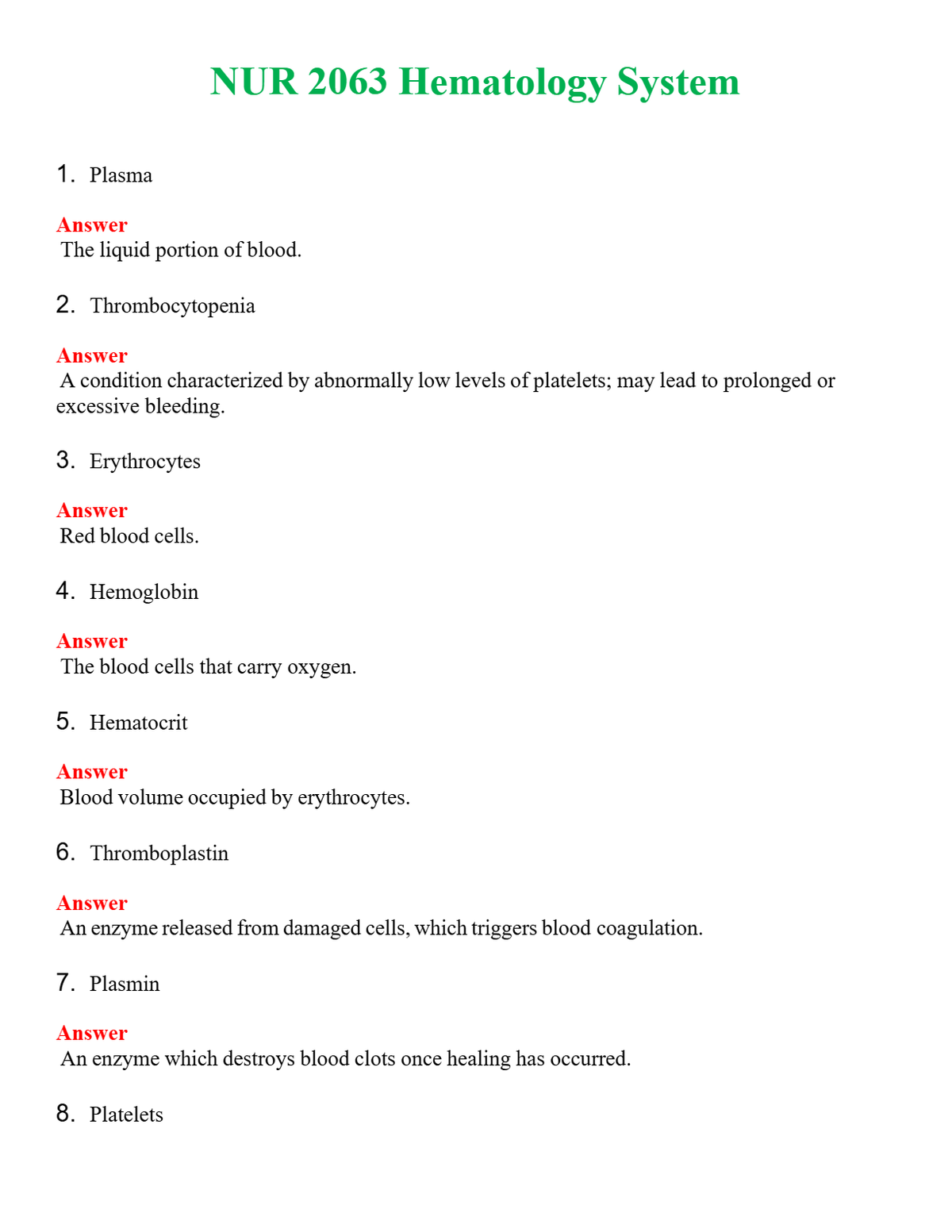 NUR 2063 HEMATOLOGY SYSTEM | COMPLETE ANSWERS 100% CORRECT