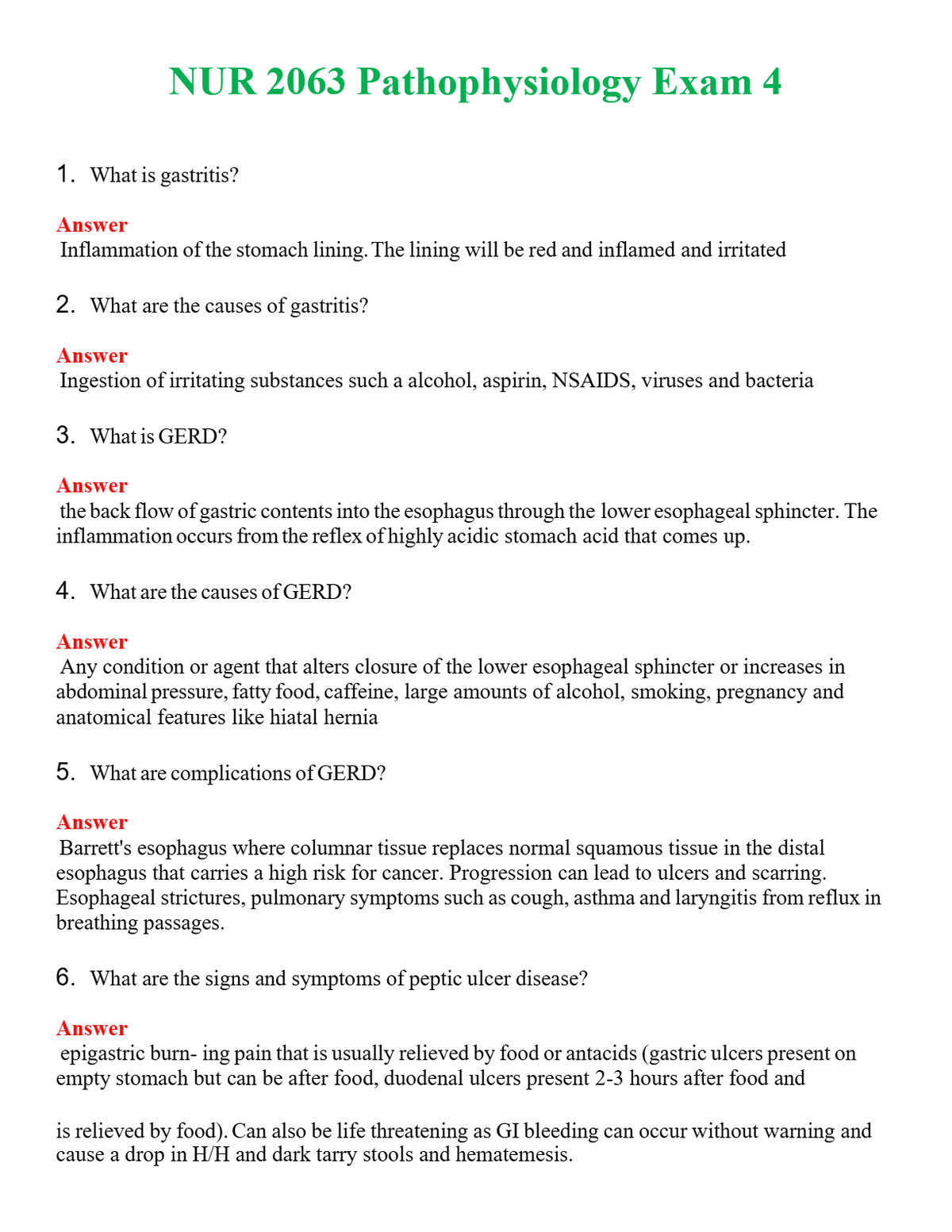 NUR 2063 PATHOPHYSIOLOGY EXAM 4 | A+ RATED GUIDE | QUESTIONS AND ANSWERS (SOLVED)
