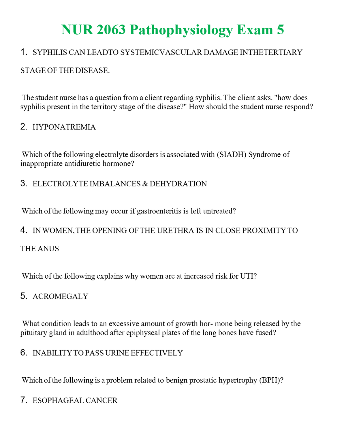 NUR 2063 PATHOPHYSIOLOGY EXAM 5 | WITH 100% VERIFIED ANSWERS