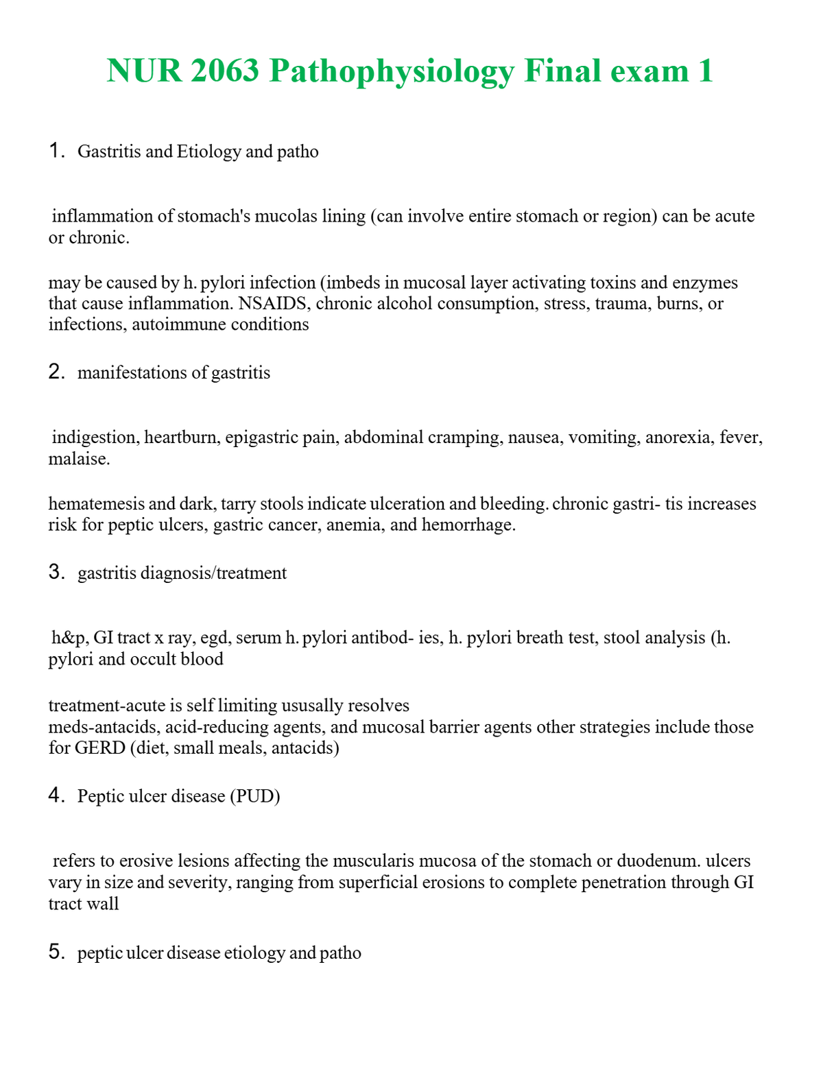 NUR 2063 PATHOPHYSIOLOGY FINAL EXAM 1 | A+ RATED GUIDE | QUESTIONS AND ANSWERS (SOLVED)