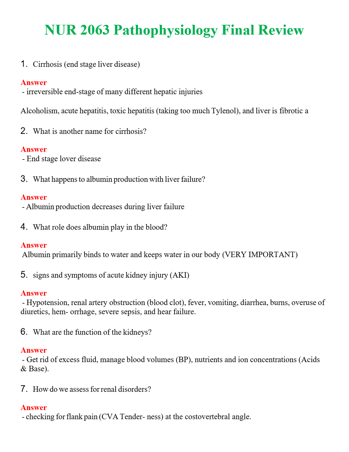 NUR 2063 PATHOPHYSIOLOGY FINAL REVIEW | (ACTUAL EXAM ) QUESTIONS AND ANSWERS (SOLVED)