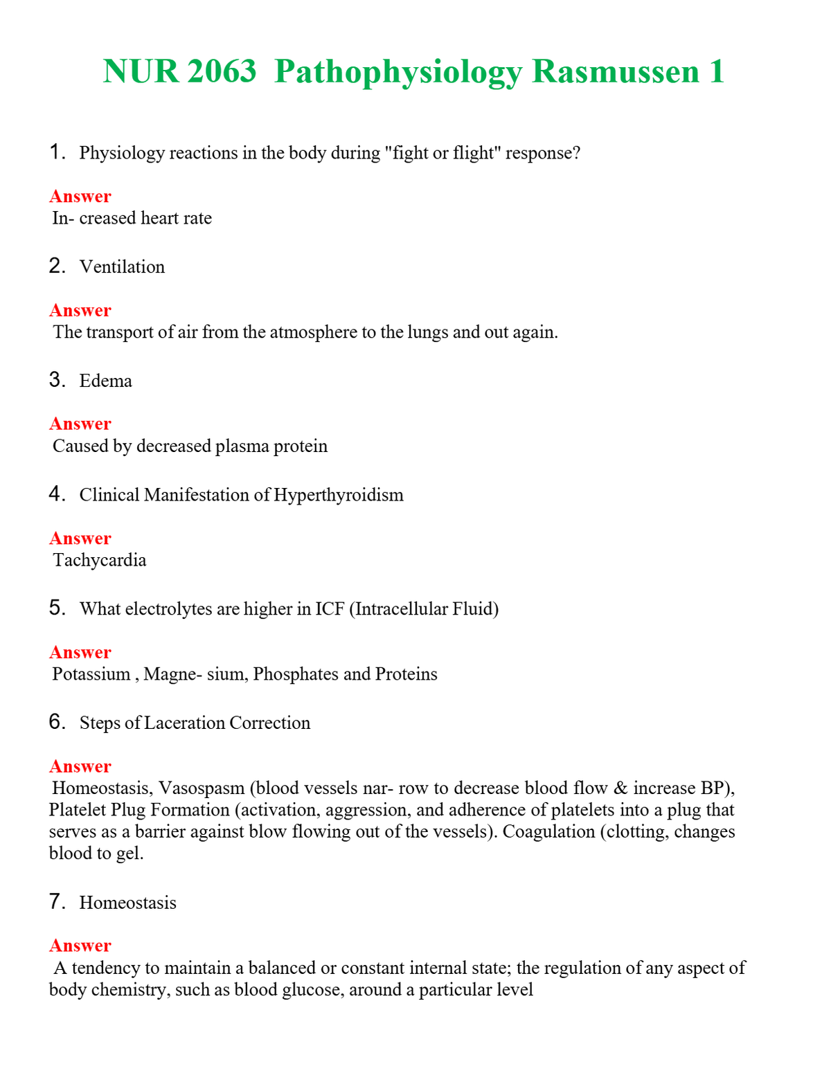NUR 2063 PATHOPHYSIOLOGY RASMUSSEN 1 | (ACTUAL EXAM ) QUESTIONS AND ANSWERS (SOLVED)