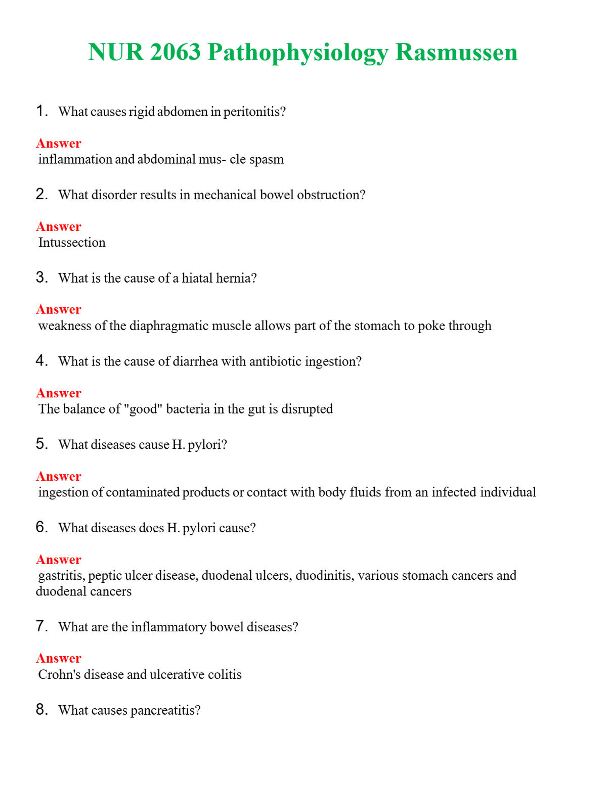 NUR 2063 PATHOPHYSIOLOGY RASMUSSEN 2 | LATEST QUESTIONS WITH COMPLETE GRADE A++ ANSWERS