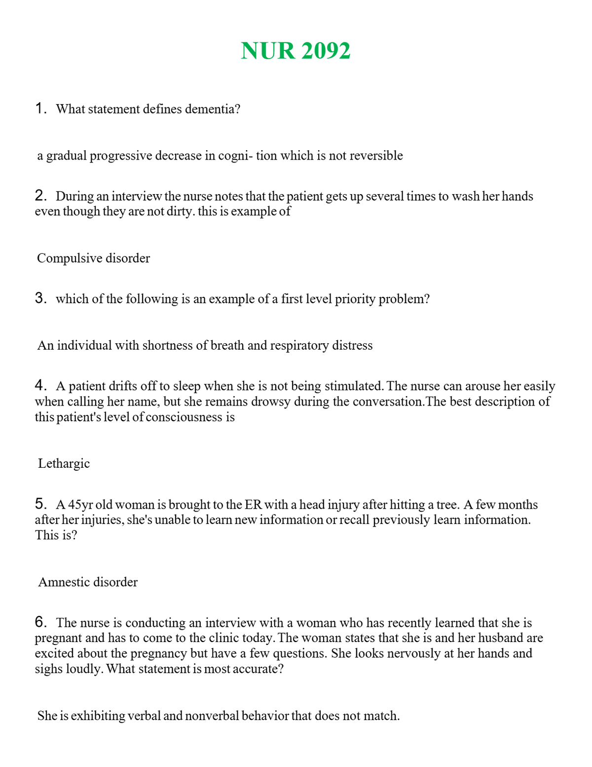 NUR 2092 | A+ RATED GUIDE | QUESTIONS AND ANSWERS (SOLVED)