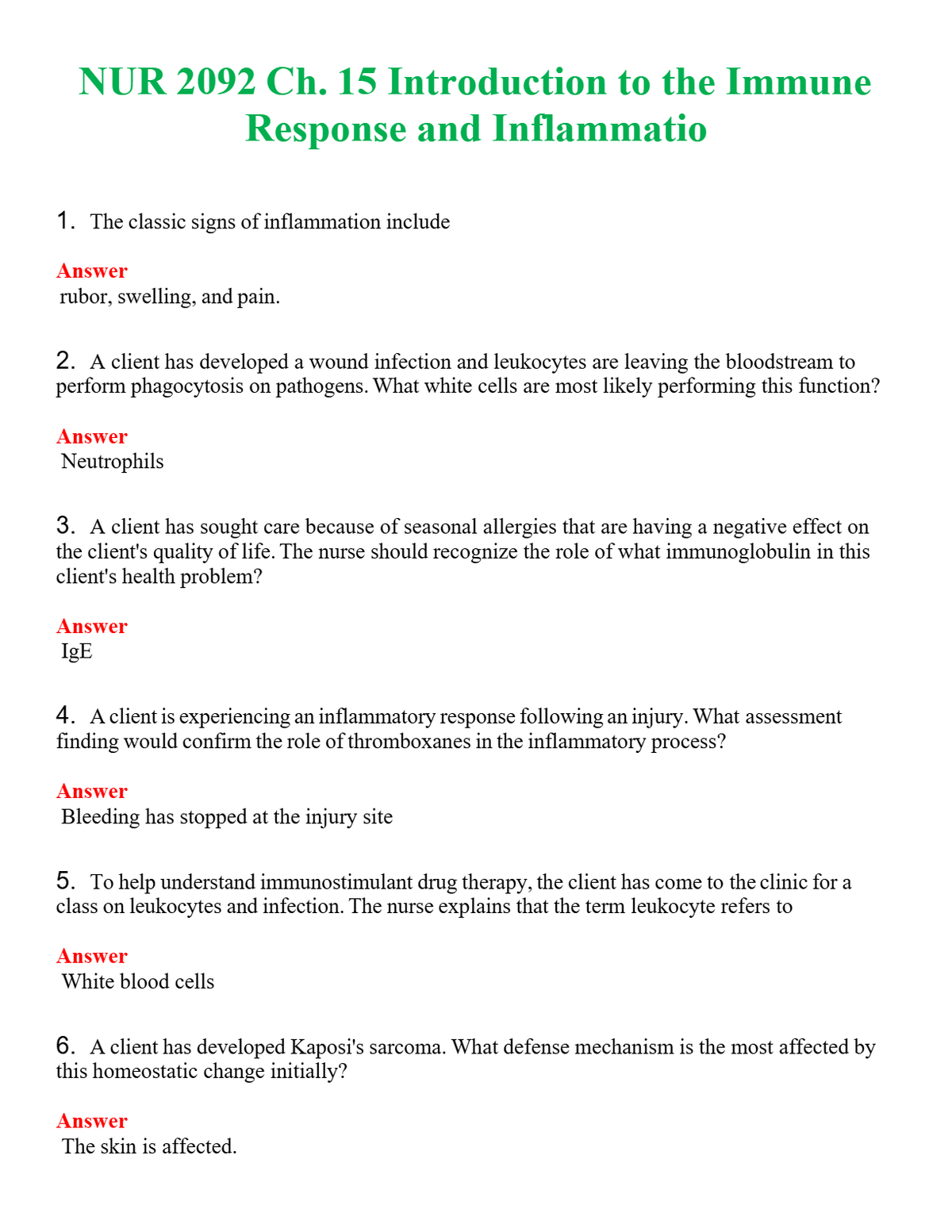 NUR 2092 CH. 15 INTRODUCTION TO THE IMMUNE RESPONSE AND INFLAMMATION | WITH 100% VERIFIED ANSWERS