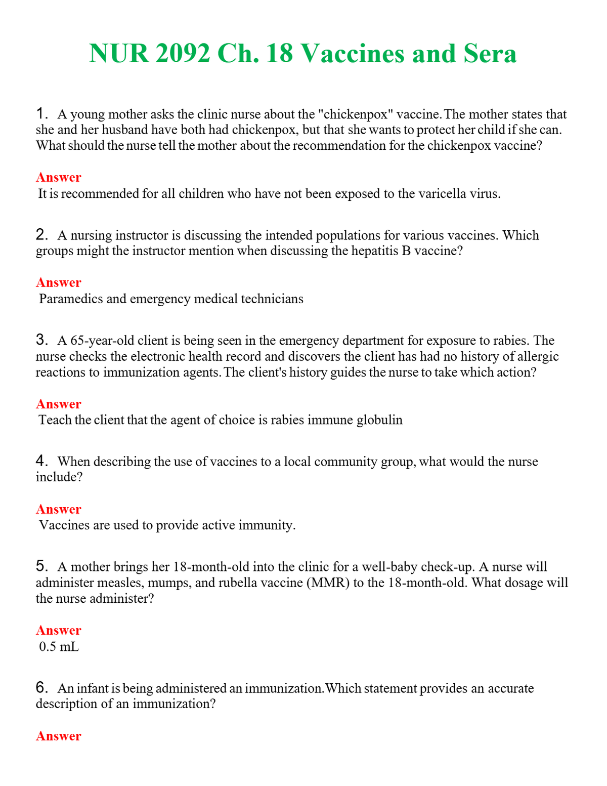 NUR 2092 CH. 18 VACCINES AND SERA | (ACTUAL EXAM ) QUESTIONS AND ANSWERS (SOLVED)