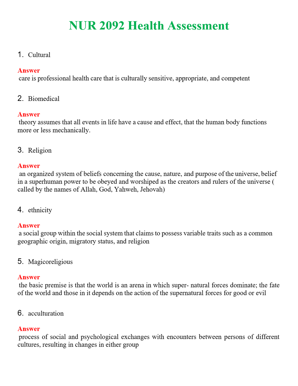 NUR 2092 HEALTH ASSESSMENT | QUESTIONS AND ANSWERS INCLUDED