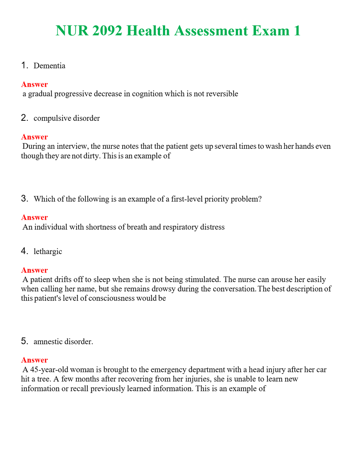 NUR 2092 HEALTH ASSESSMENT EXAM 1 | ACTUAL QUESTIONS AND ANSWERS 100% CORRECT