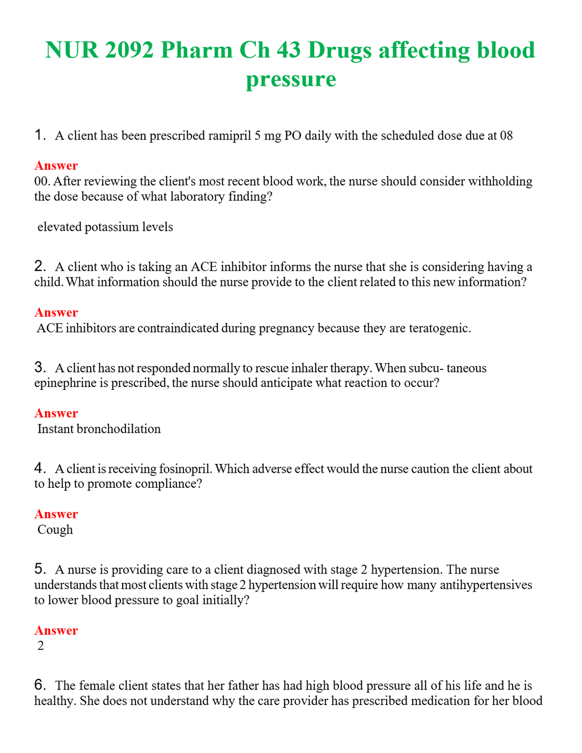 NUR 2092 PHARM CH 43 DRUGS AFFECTING BLOOD PRESSURE | COMPLETE QUESTIONS & ANSWERS (SOLVED) 100% CORRECT
