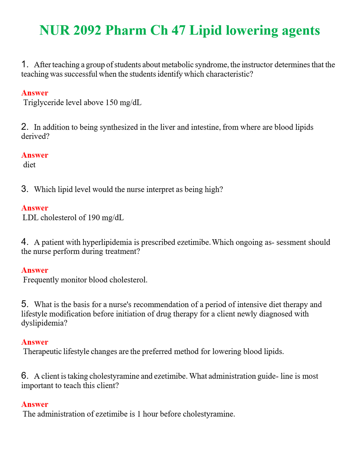 NUR 2092 PHARM CH 47 LIPID LOWERING AGENTS | QUESTIONS AND ANSWERS INCLUDED