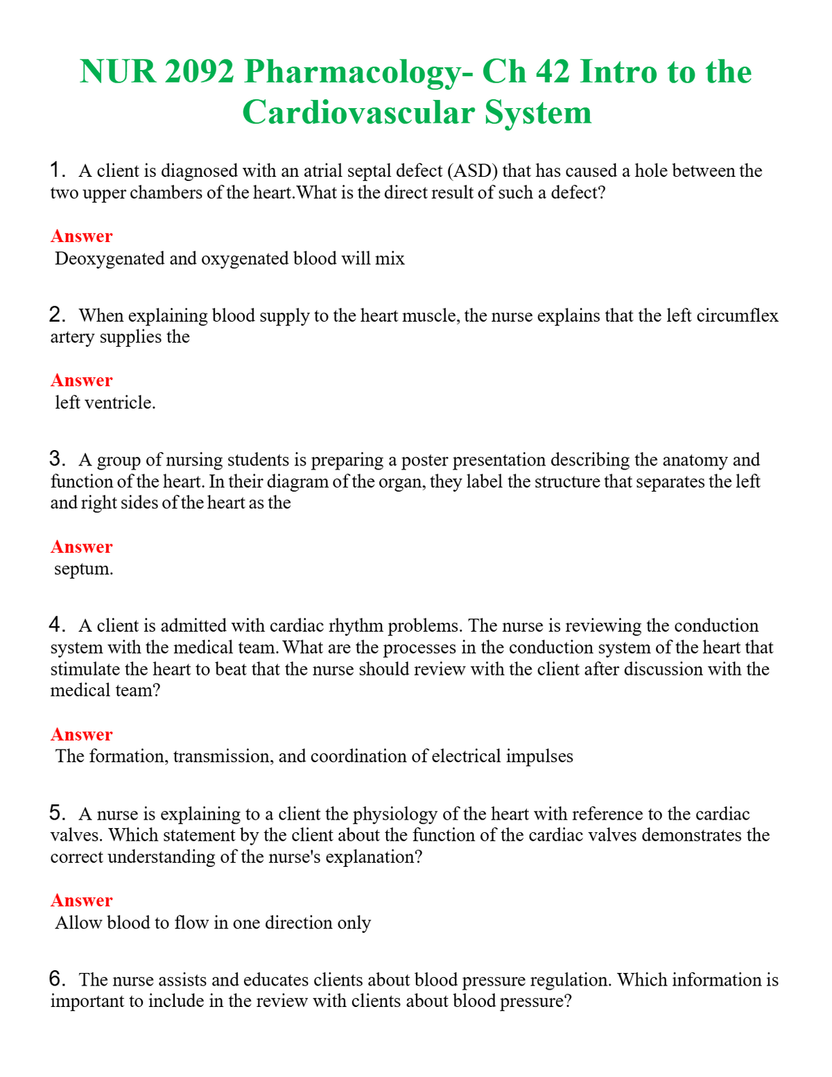 NUR 2092 PHARMACOLOGY CH 42 INTRO TO THE CARDIOVASCULAR SYSTEM | COMPLETE ANSWERS 100% CORRECT