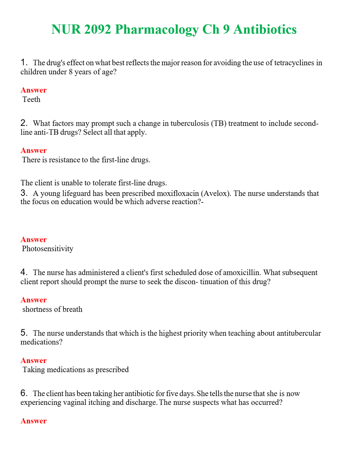 NUR 2092 PHARMACOLOGY CH 9 ANTIBIOTICS | QUESTIONS AND ANSWERS INCLUDED