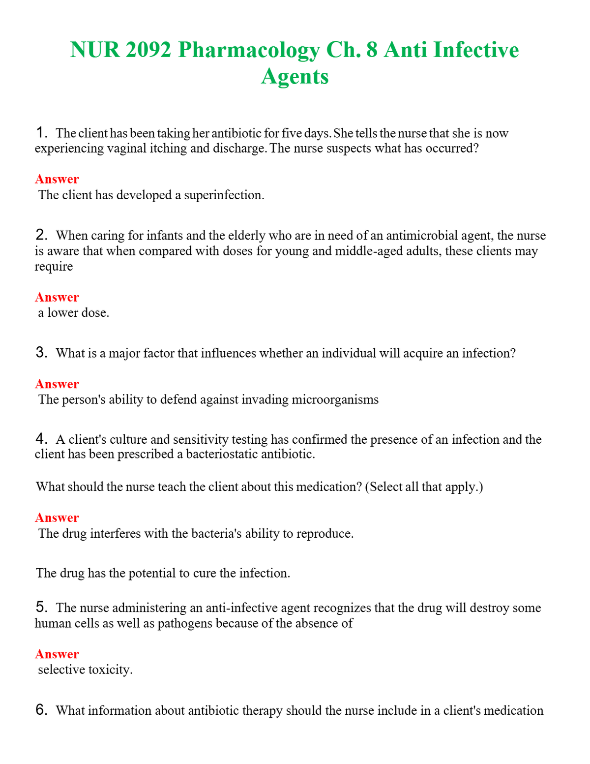 NUR 2092 PHARMACOLOGY CH. 8 ANTI INFECTIVE AGENTS | COMPLETE QUESTIONS & ANSWERS (SOLVED) 100% CORRECT