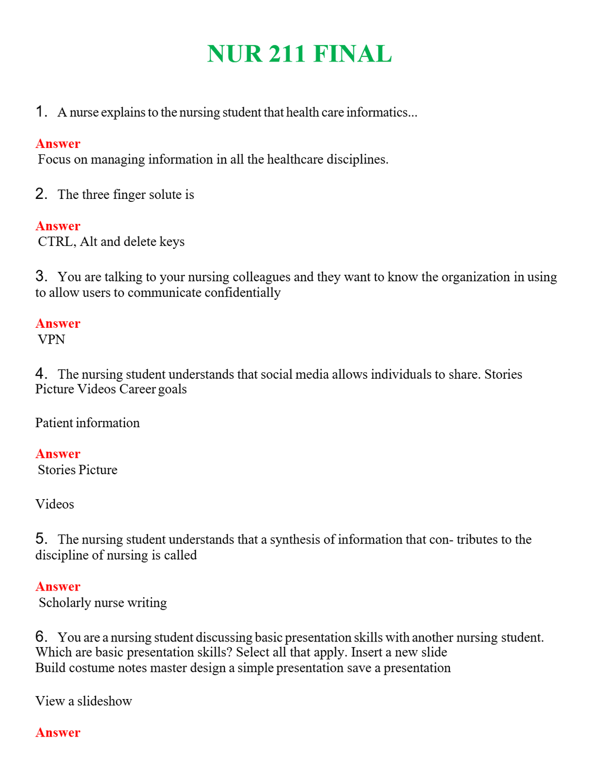 NUR 211 FINAL 3 | WITH 100% VERIFIED ANSWERS