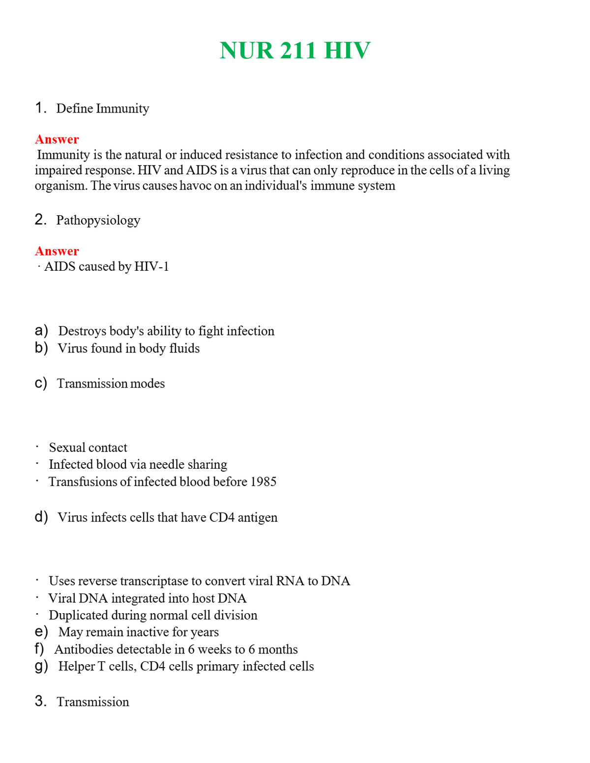NUR 211 HIV | QUESTIONS & ANSWERS (SOLVED)