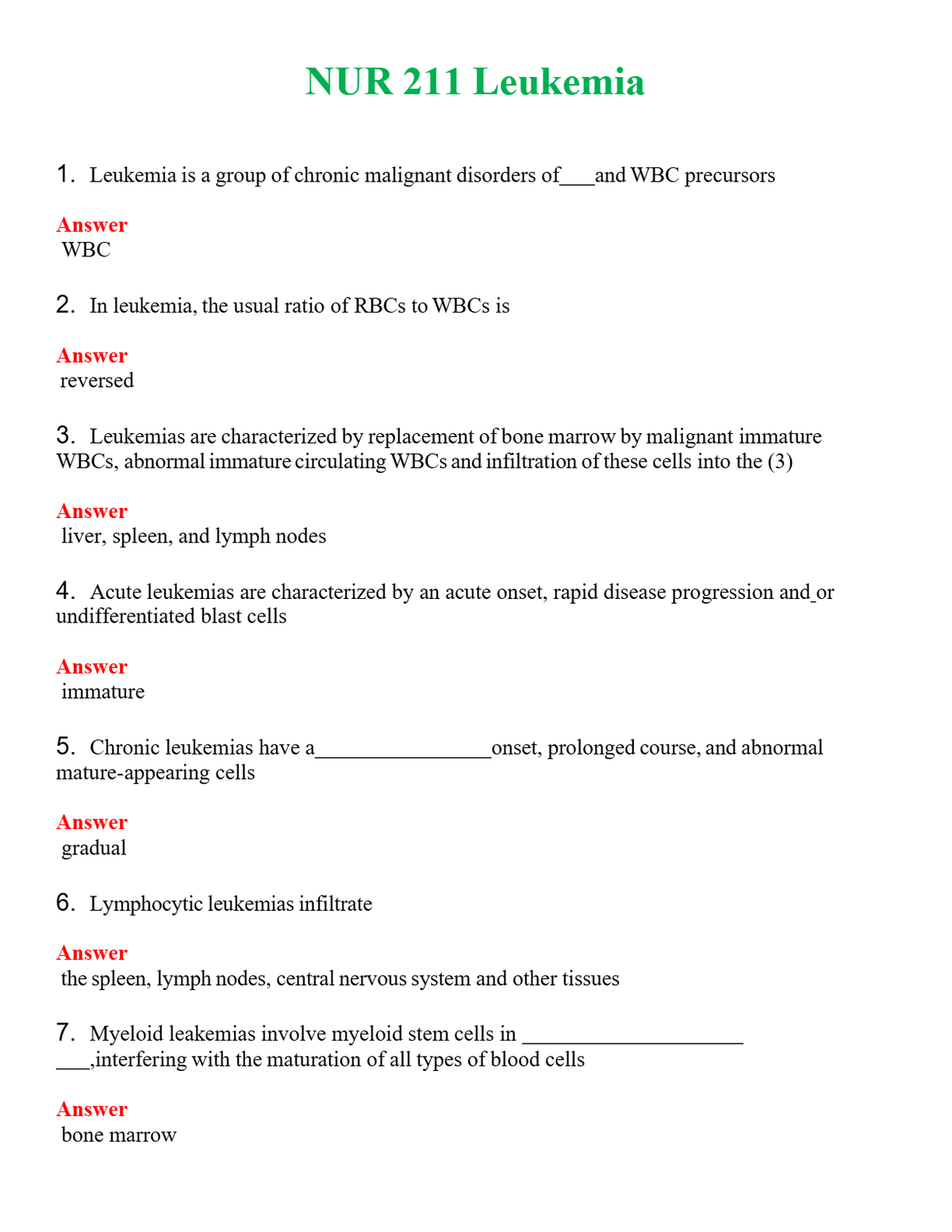 NUR 211 LEUKEMIA | LATEST QUESTIONS WITH COMPLETE GRADE A++ ANSWERS