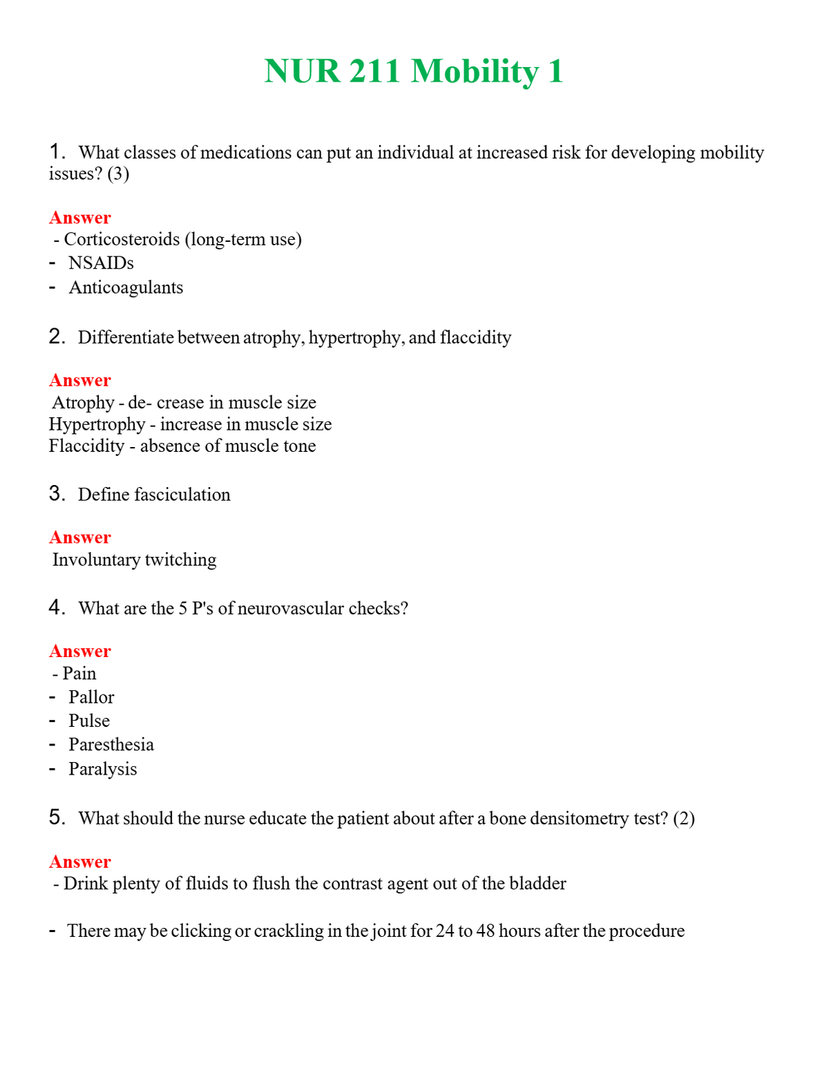 NUR 211 MOBILITY 1 | A+ RATED GUIDE | QUESTIONS AND ANSWERS (SOLVED)