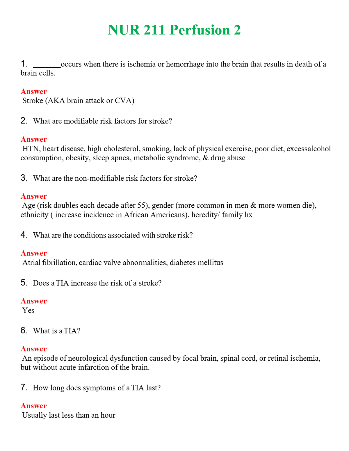 NUR 211 PERFUSION 2 | ACTUAL QUESTIONS AND ANSWERS 100% CORRECT