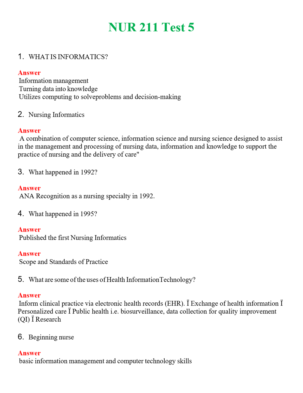 NUR 211 TEST 5 | ACTUAL QUESTIONS AND ANSWERS 100% CORRECT