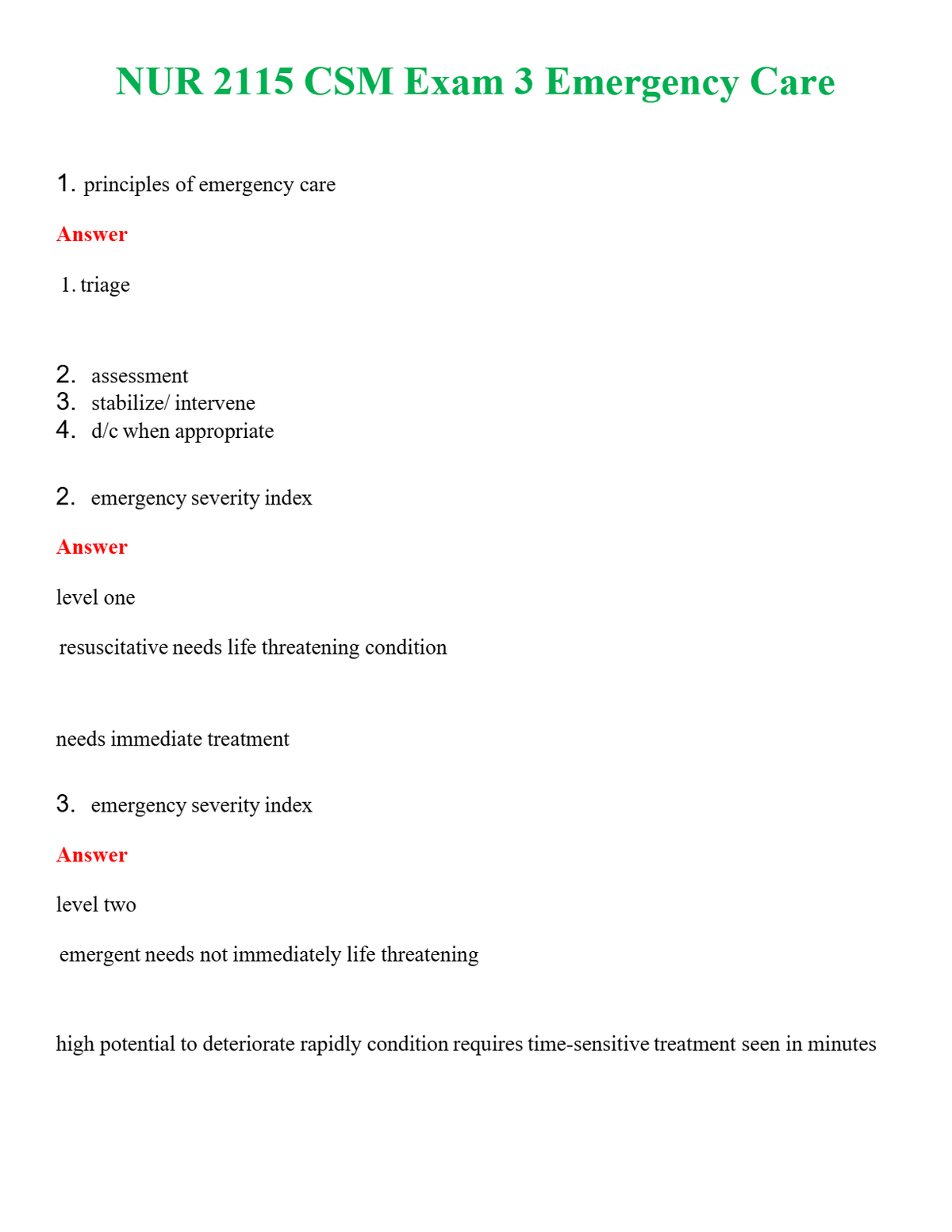 NUR 2115 CSM EXAM 3 EMERGENCY CARE | QUESTIONS & ANSWERS (SOLVED)