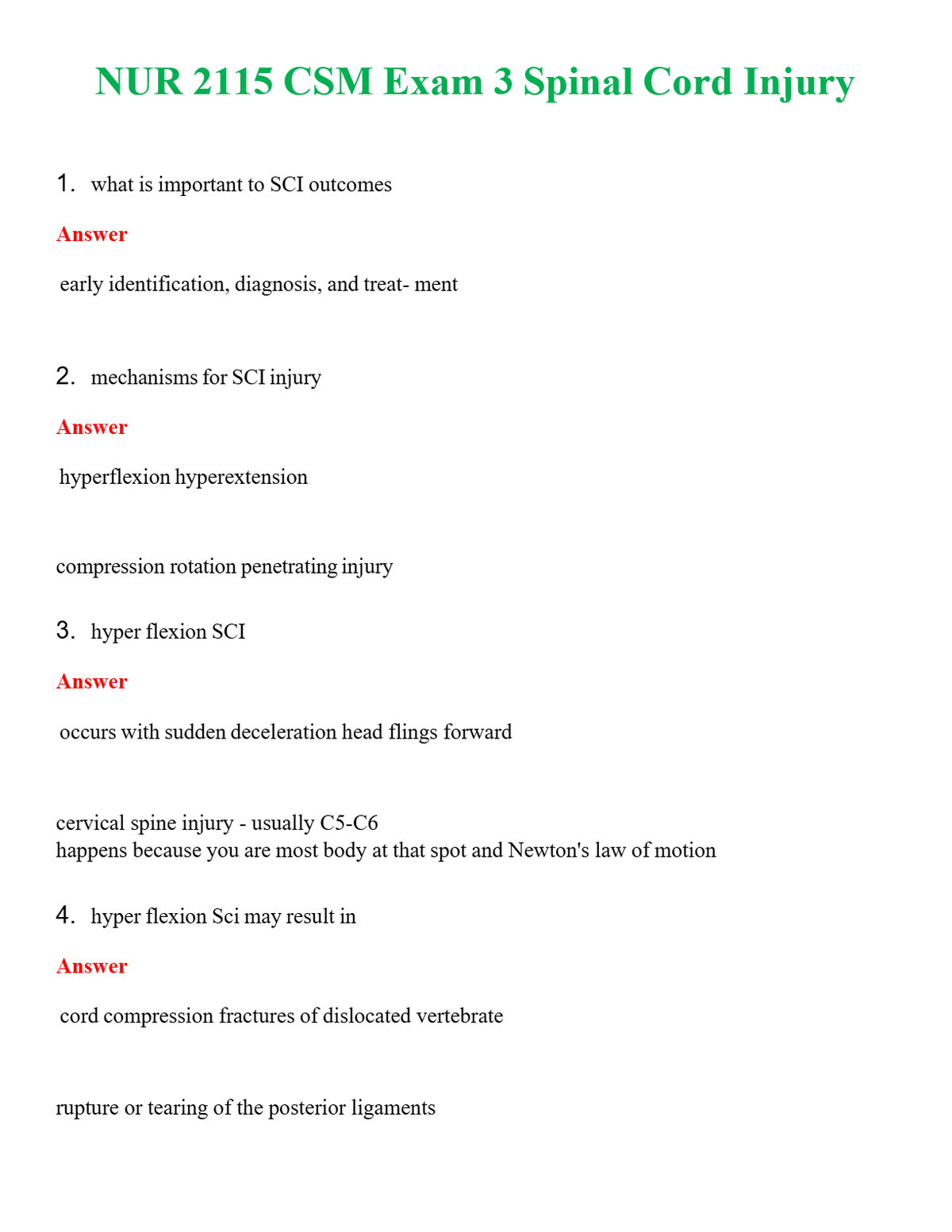 NUR 2115 CSM EXAM 3 SPINAL CORD INJURY | A+ RATED GUIDE | QUESTIONS AND ANSWERS (SOLVED)