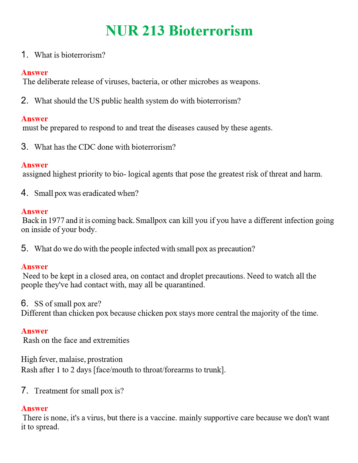 NUR 213 BIOTERRORISM | QUESTIONS & ANSWERS (SOLVED)