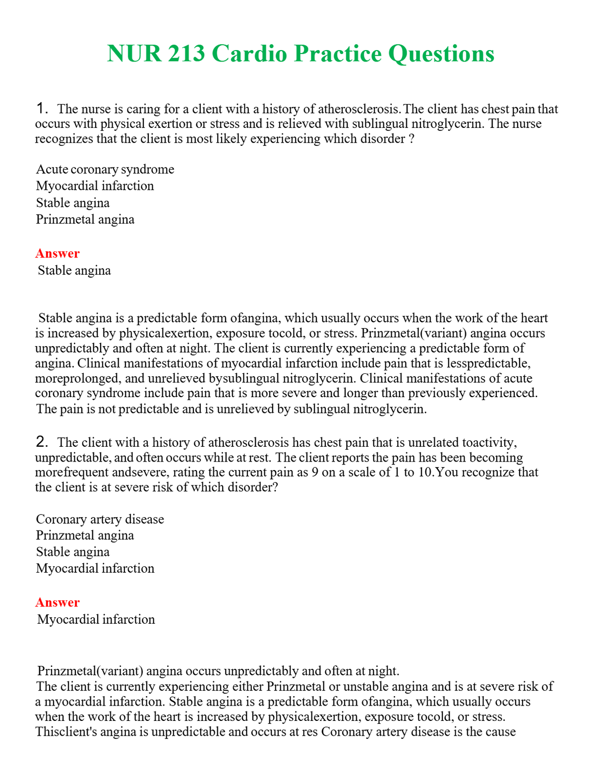 NUR 213 CARDIO PRACTICE QUESTIONS | A+ RATED GUIDE | QUESTIONS AND ANSWERS (SOLVED)