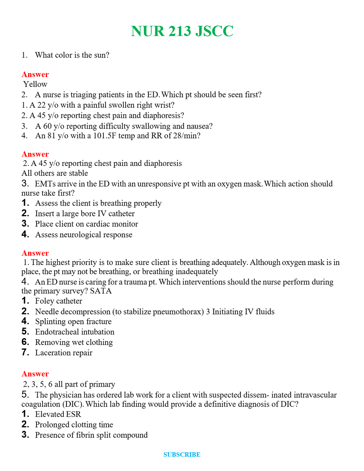 NUR 213 JSCC | QUESTIONS & ANSWERS (SOLVED)