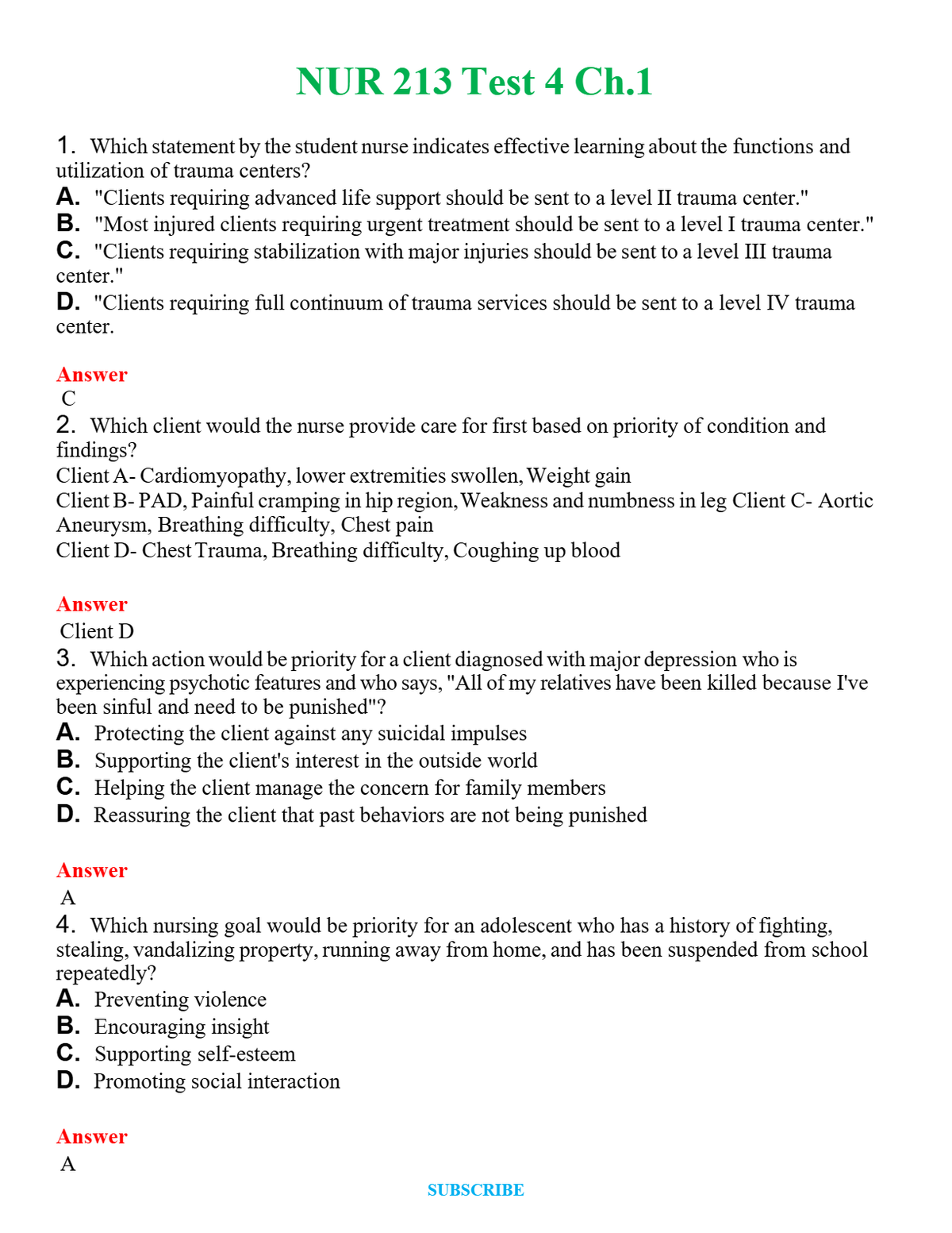 NUR 213 TEST 4 CH.1 | GRADED A+ QUESTIONS & ANSWERS