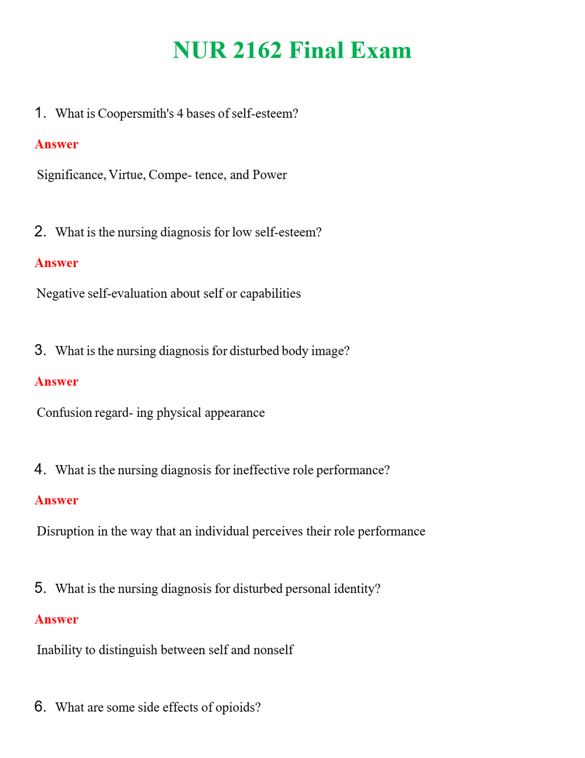 NUR 2162 FINAL EXAM | A SOLVED 100% CORRECT