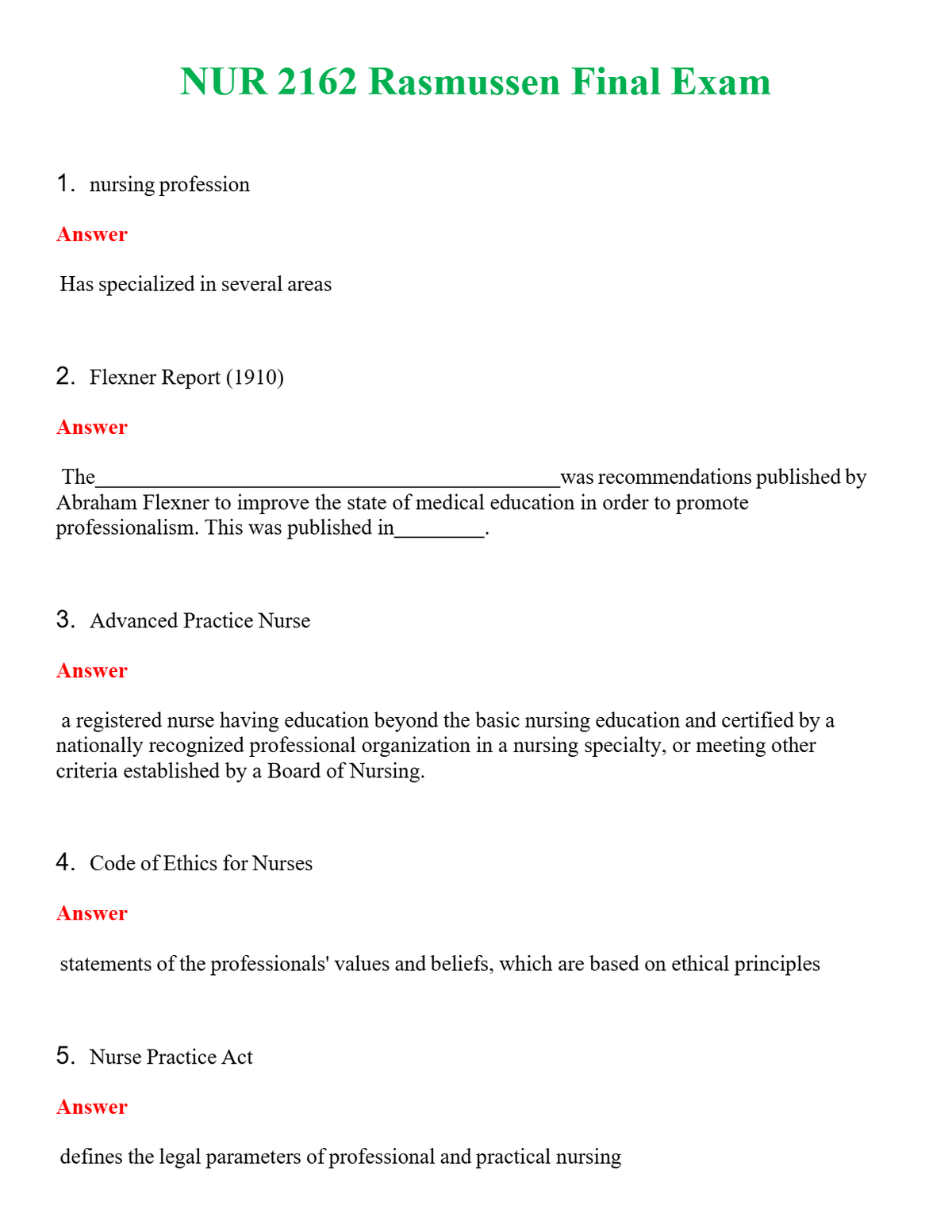 NUR 2162 RASMUSSEN FINAL EXAM | A+ RATED GUIDE | QUESTIONS AND ANSWERS (SOLVED
