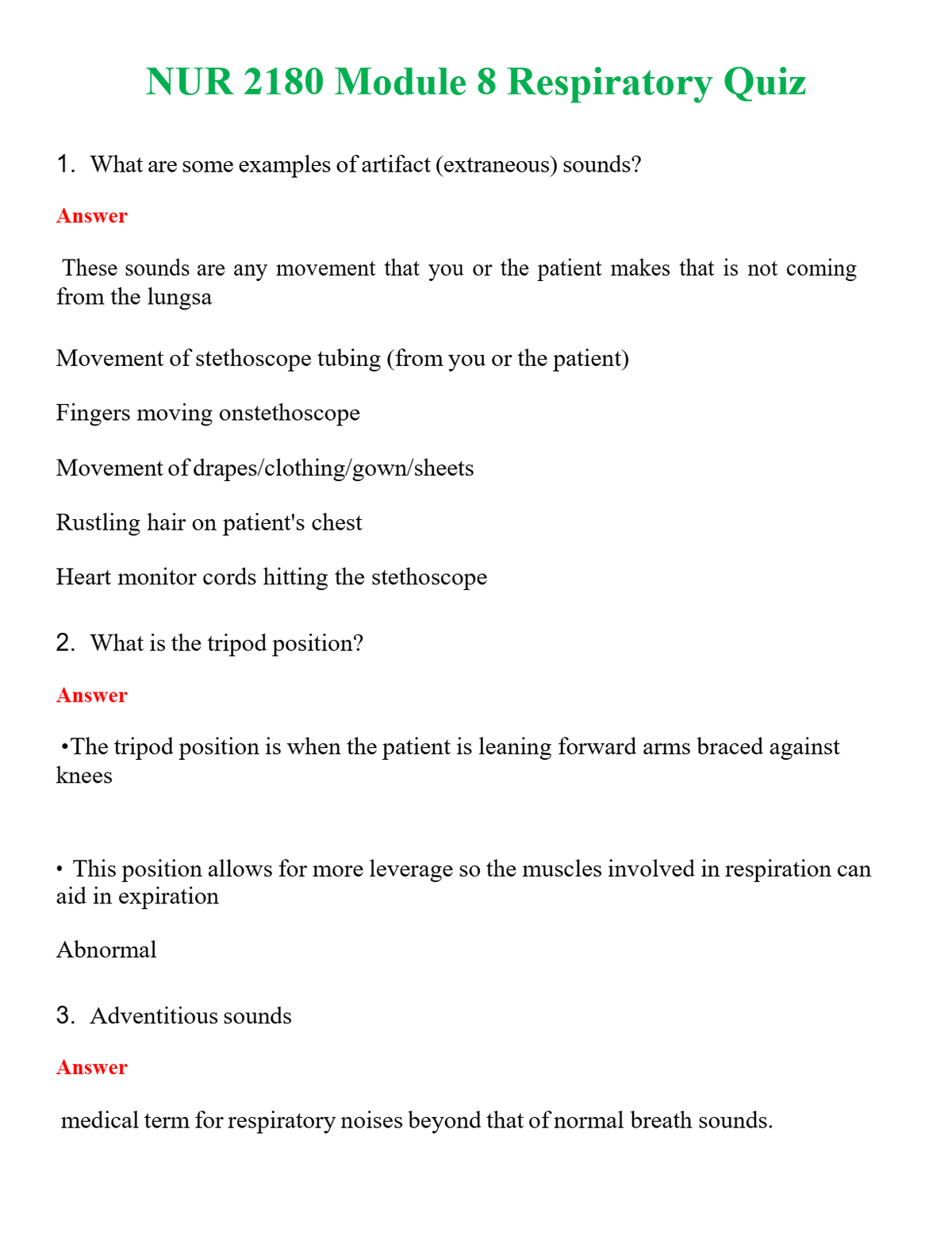 NUR 2180 MODULE 8 RESPIRATORY QUIZ | ACTUAL QUESTIONS AND ANSWERS 100% CORRECT