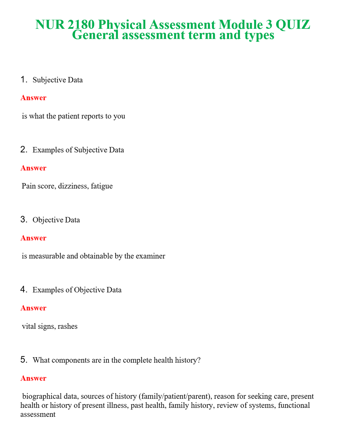 NUR 2180 PHYSICAL ASSESSMENT MODULE 3 QUIZ GENERAL ASSESSMENT TERMS AND TYPES | COMPLETE ANSWERS 100% CORRECT