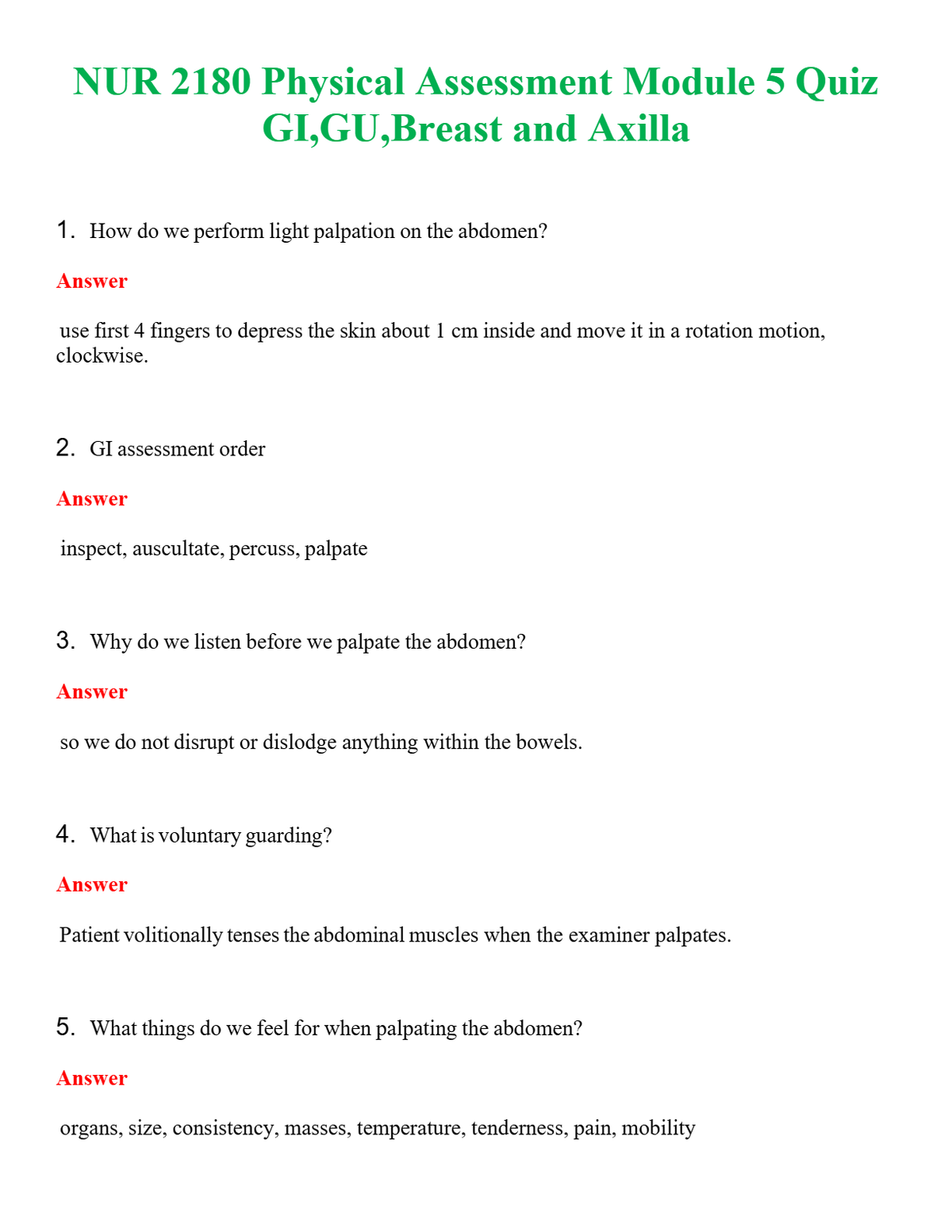 NUR 2180 PHYSICAL ASSESSMENT MODULE 5 QUIZ GI,GU,BREAST AND AXILLA | QUESTIONS AND ANSWERS INCLUDED