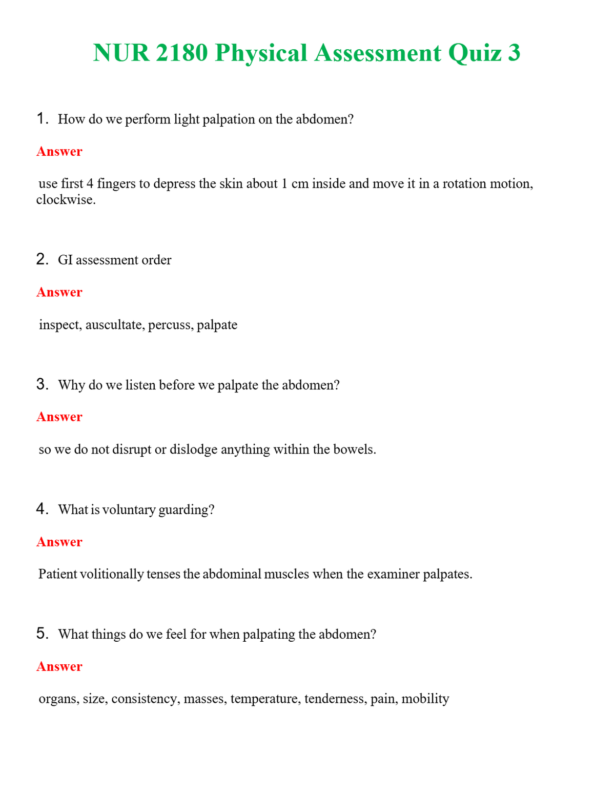 NUR 2180 PHYSICAL ASSESSMENT QUIZ 3 | QUESTIONS AND ANSWERS INCLUDED