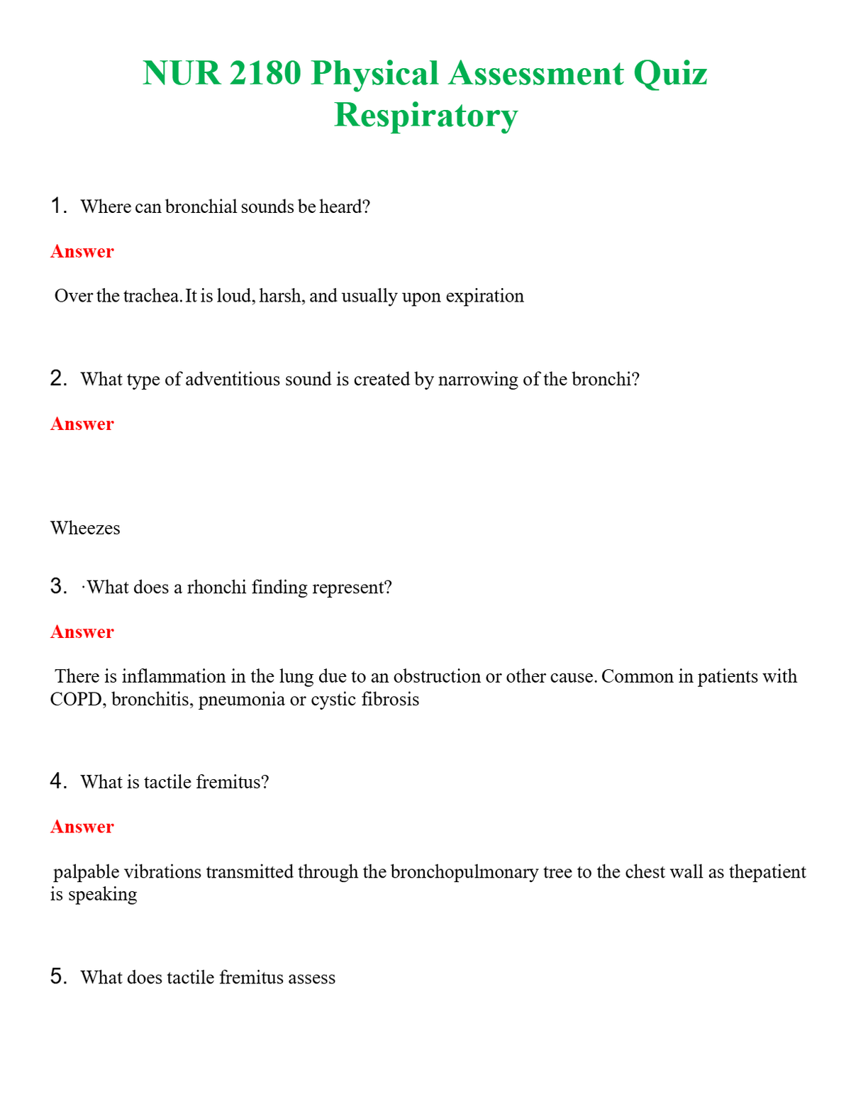 NUR 2180 PHYSICAL ASSESSMENT QUIZ RESPIRATORY | ALL Q&AS BRAND NEW GUARANTEED A+++