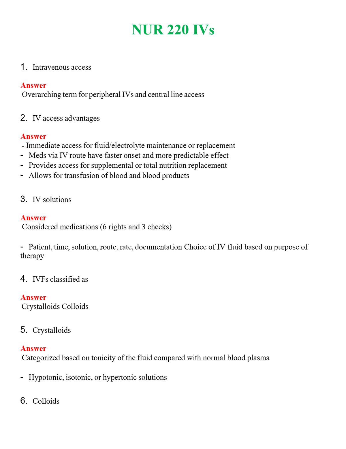 NUR 220 IVS | LATEST QUESTIONS WITH COMPLETE GRADE A++ ANSWERS