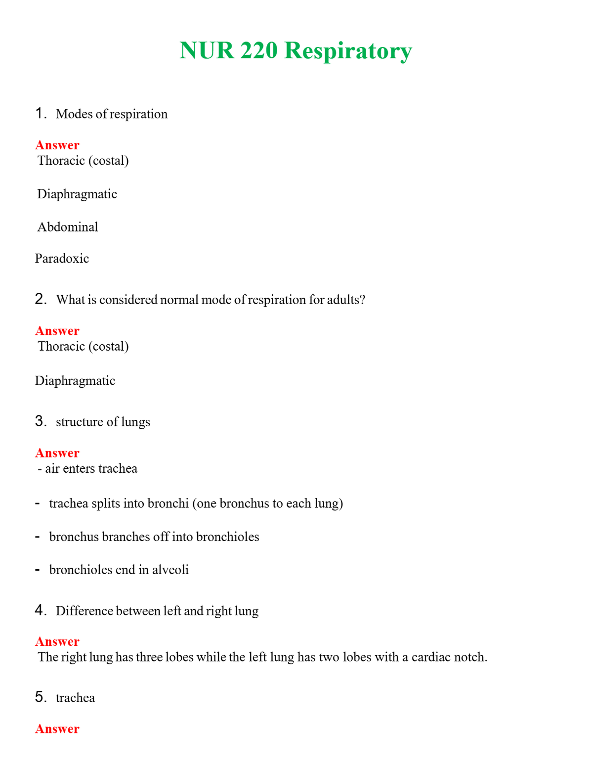 NUR 220 RESPIRATORY | NEW FULL QUESTIONS AND ANSWERS 100% CORRECT