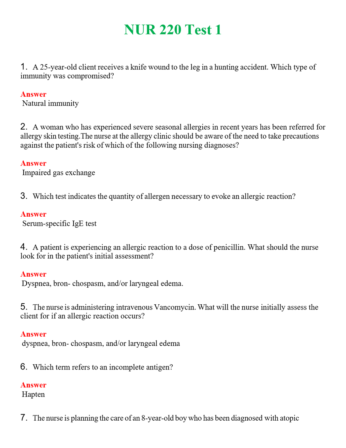NUR 220 TEST 1 | ACTUAL QUESTIONS AND ANSWERS 100% CORRECT