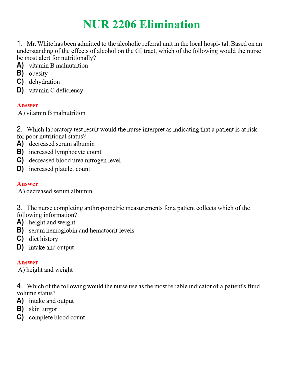 NUR 2206 ELIMINATION | LATEST QUESTIONS WITH COMPLETE GRADE A++ ANSWER