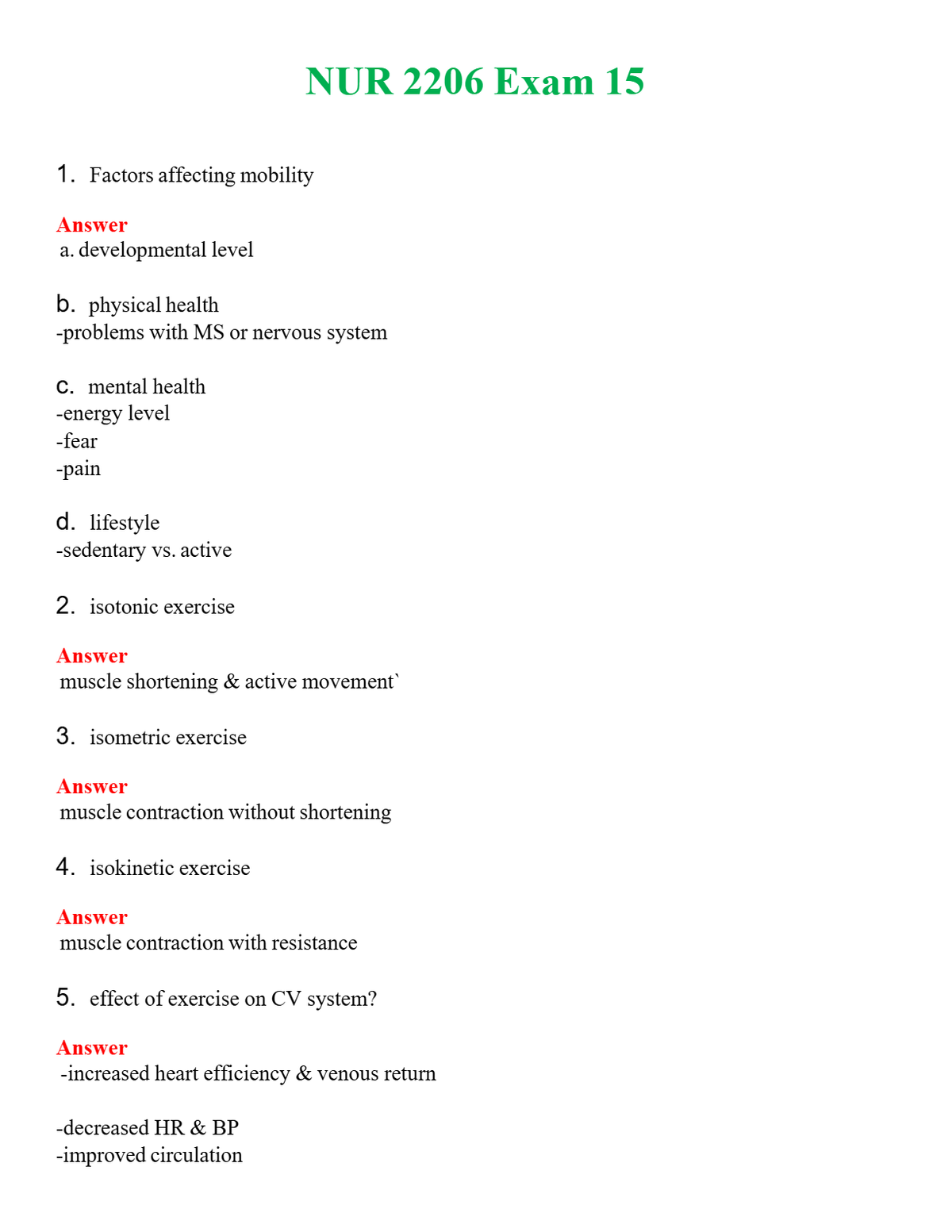 NUR 2206 EXAM 15 | QUESTIONS AND ANSWERS INCLUDED