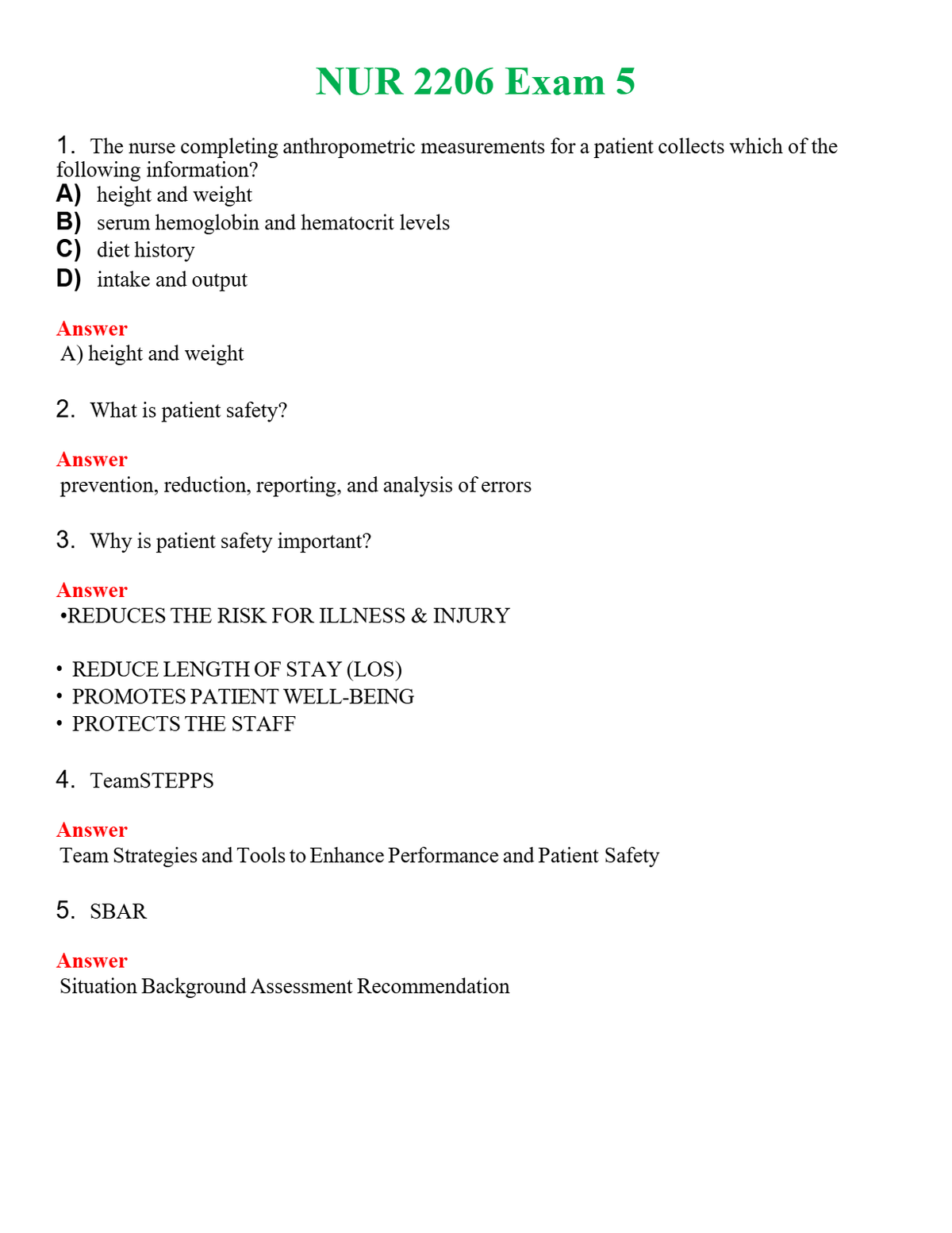 NUR 2206 EXAM 5 | A+ RATED GUIDE | QUESTIONS AND ANSWERS (SOLVED)