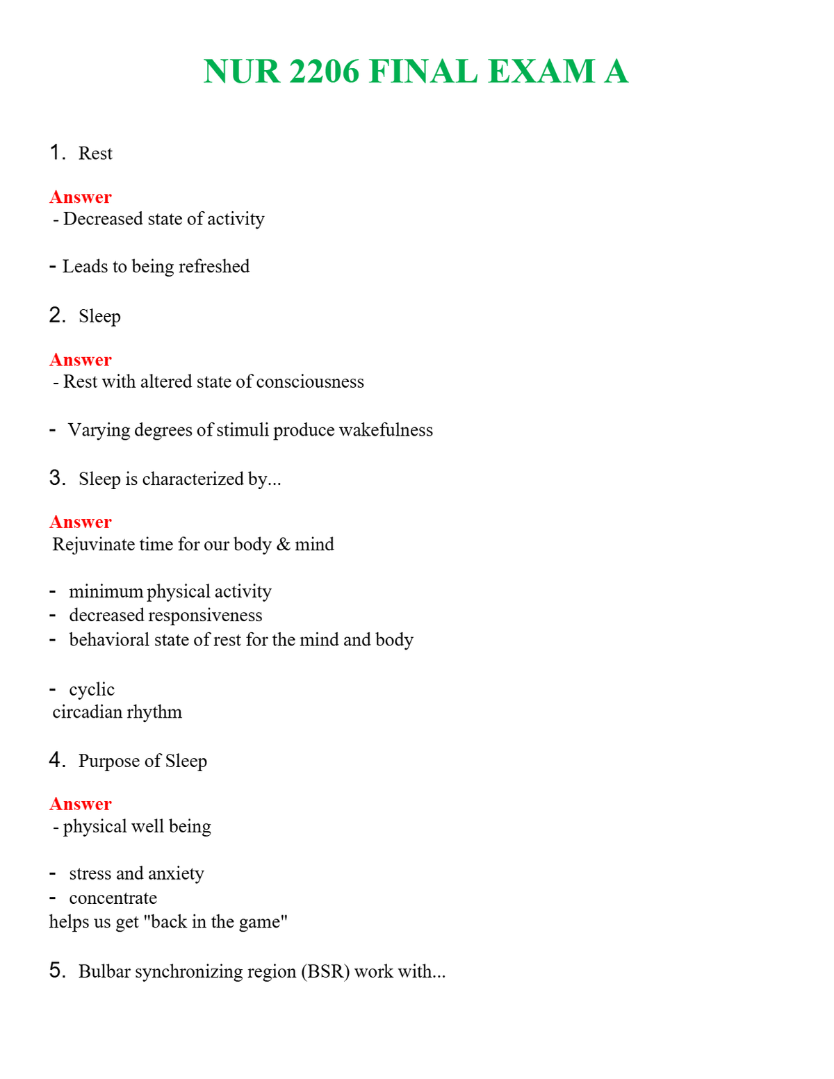 NUR 2206 FINAL EXAM A | COMPLETE QUESTIONS & ANSWERS (SOLVED) 100% CORRECT