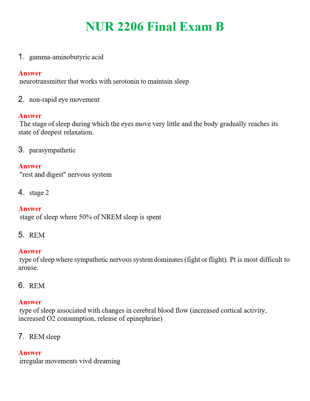 NUR 2206 FINAL EXAM B | QUESTIONS AND ANSWERS INCLUDED