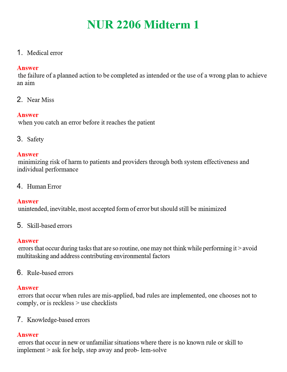 NUR 2206 MIDTERM 1 | ACTUAL QUESTIONS AND ANSWERS 100% CORRECT