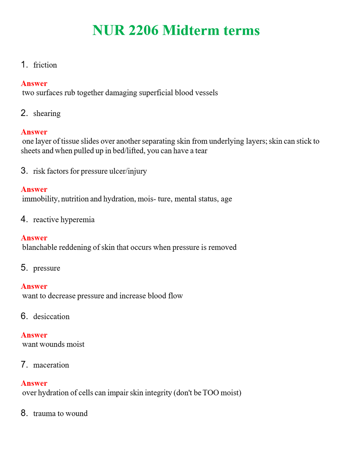 NUR 2206 MIDTERM TERMS | A+ RATED GUIDE | QUESTIONS AND ANSWERS (SOLVED)